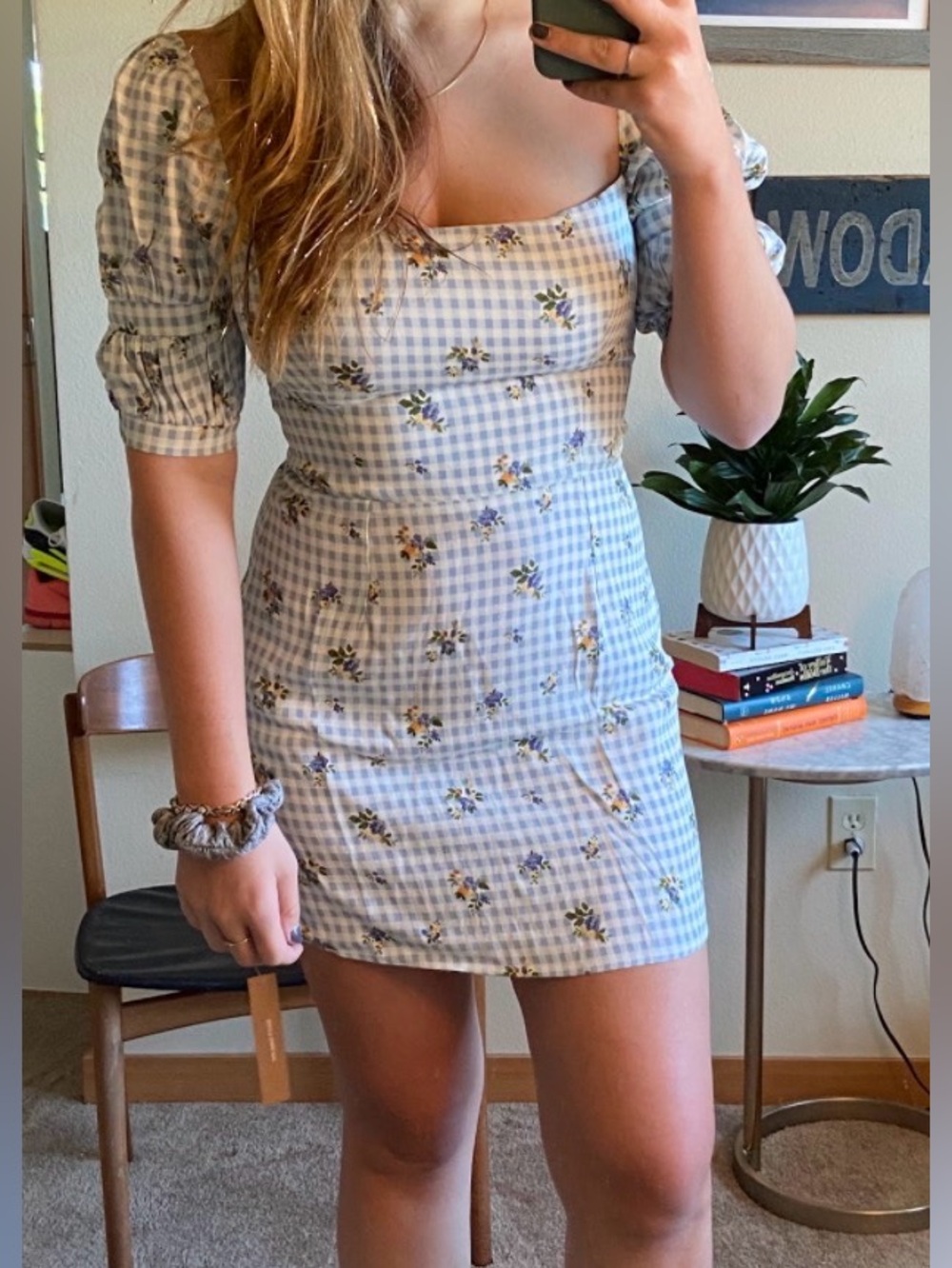 Reformation Blue Gingham Floral Smocked Mini Dress